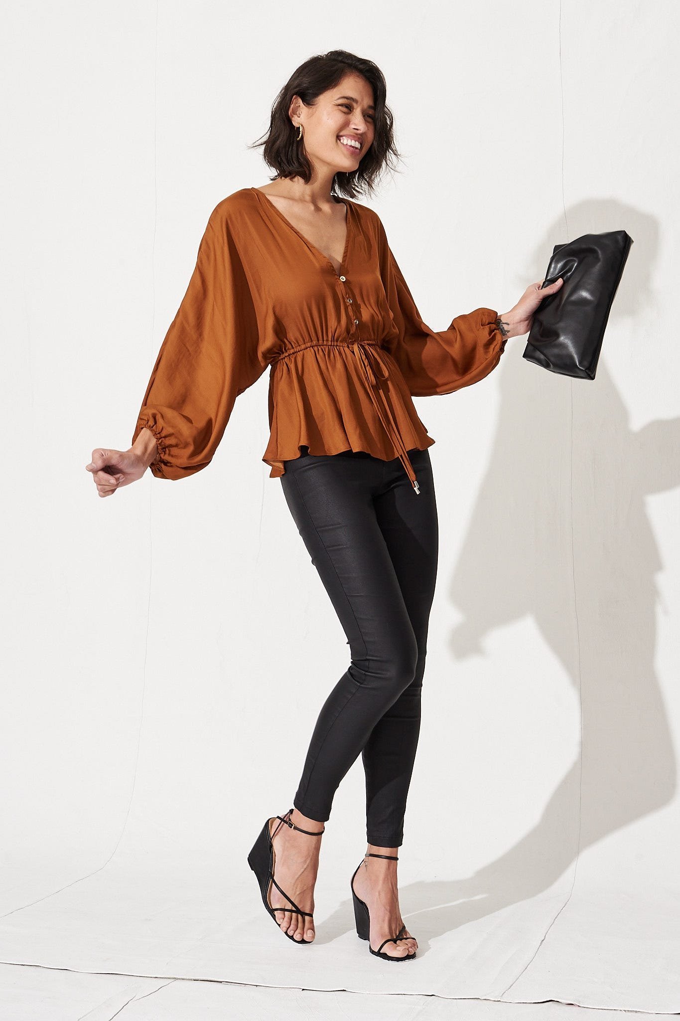 V Neck Top in Rust Satin - Image 3