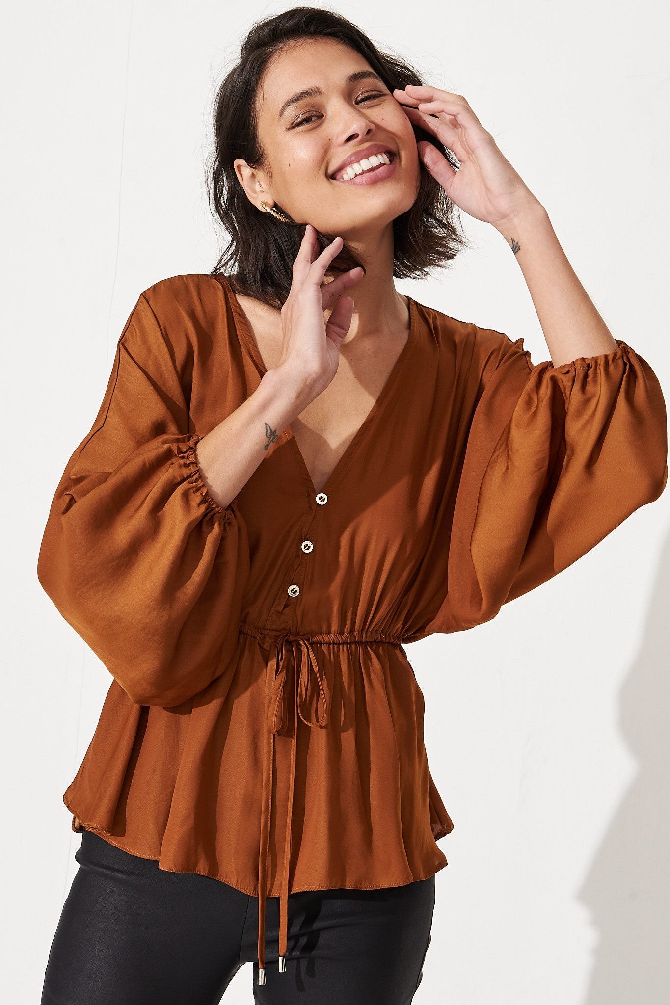V Neck Top in Rust Satin - Image 2