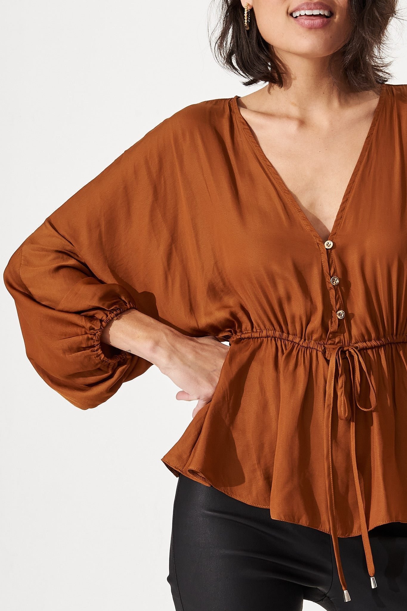 V Neck Top in Rust Satin - Image 6