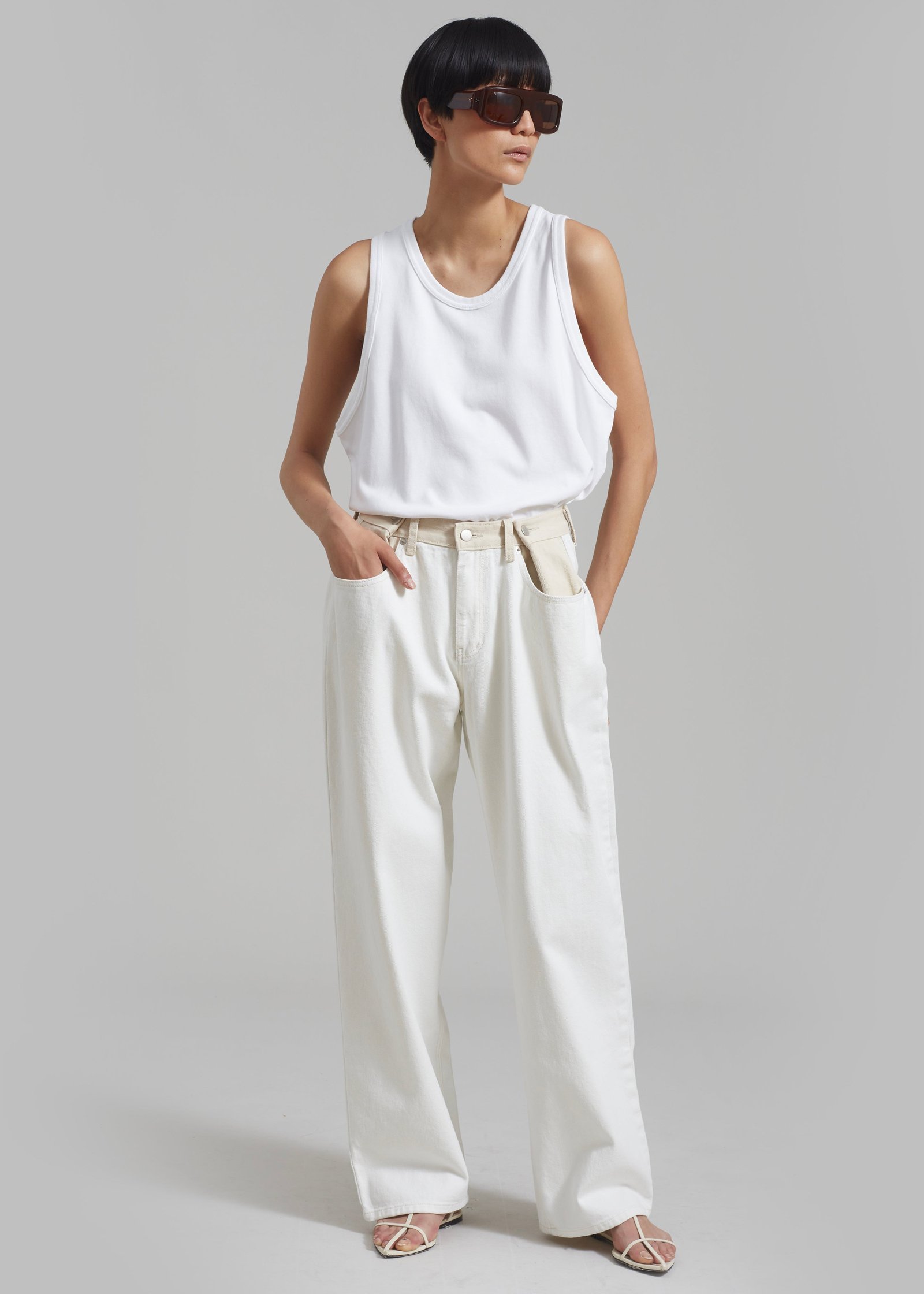 Contrast Denim Pants - Off White/Beige - Image 7