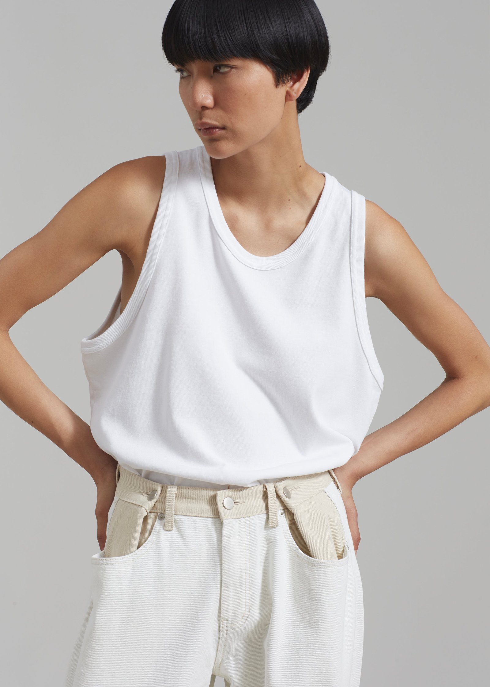 Contrast Denim Pants - Off White/Beige - Image 4