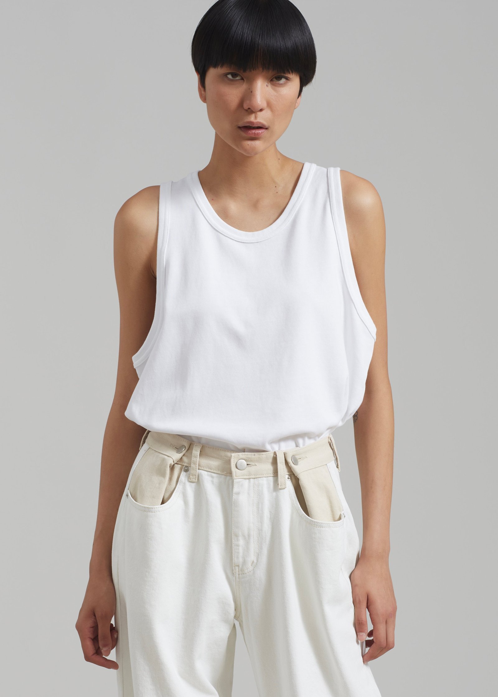 Contrast Denim Pants - Off White/Beige - Image 9