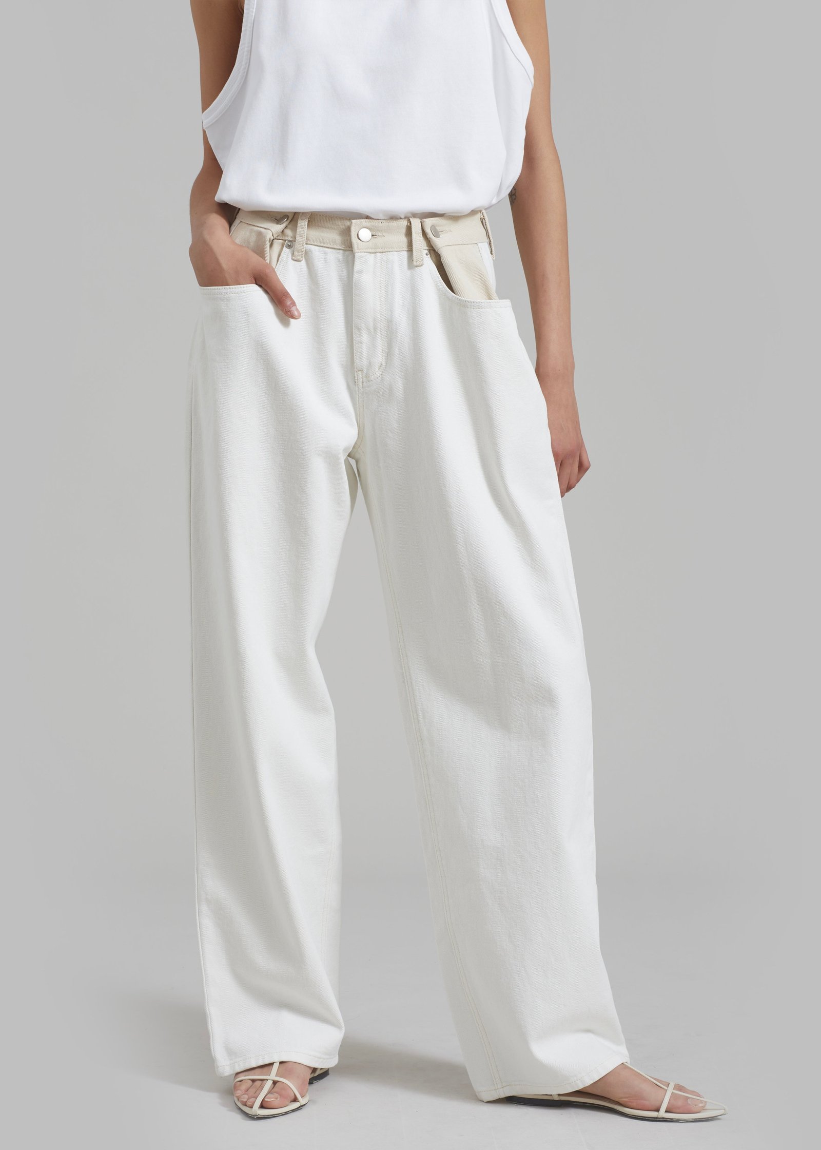 Contrast Denim Pants - Off White/Beige - Image 3