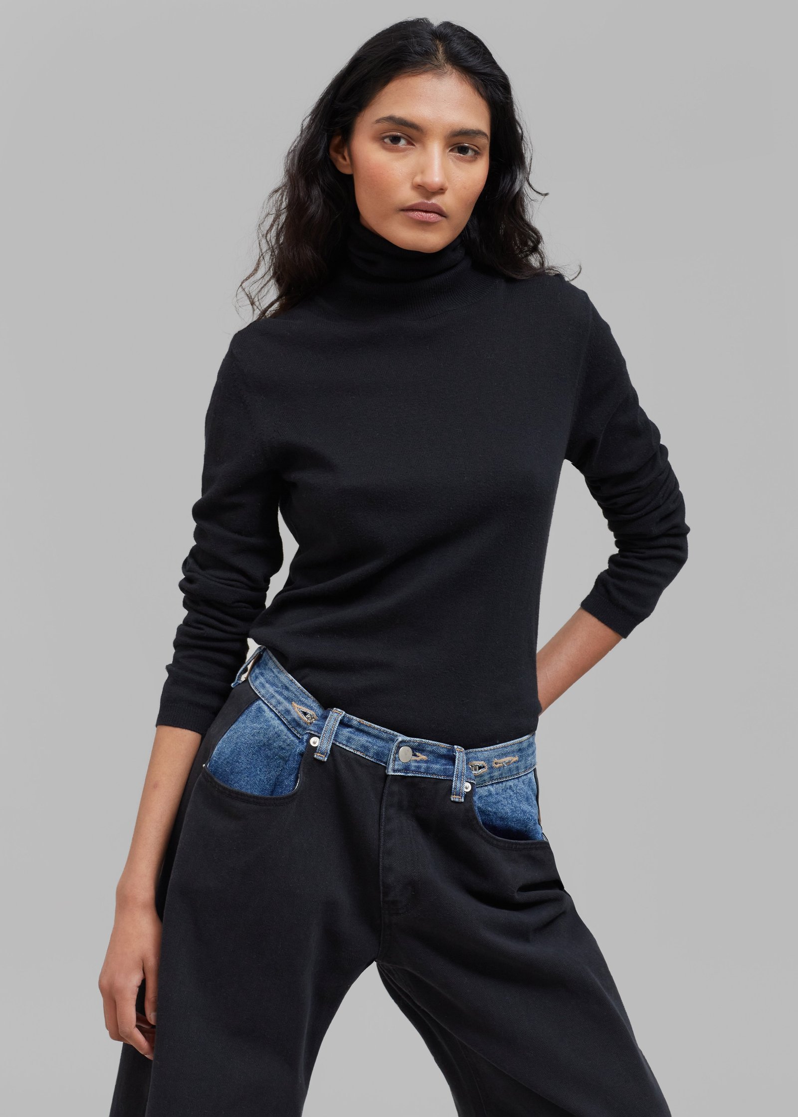 Contrast Denim Pants - Black/Blue - Image 4