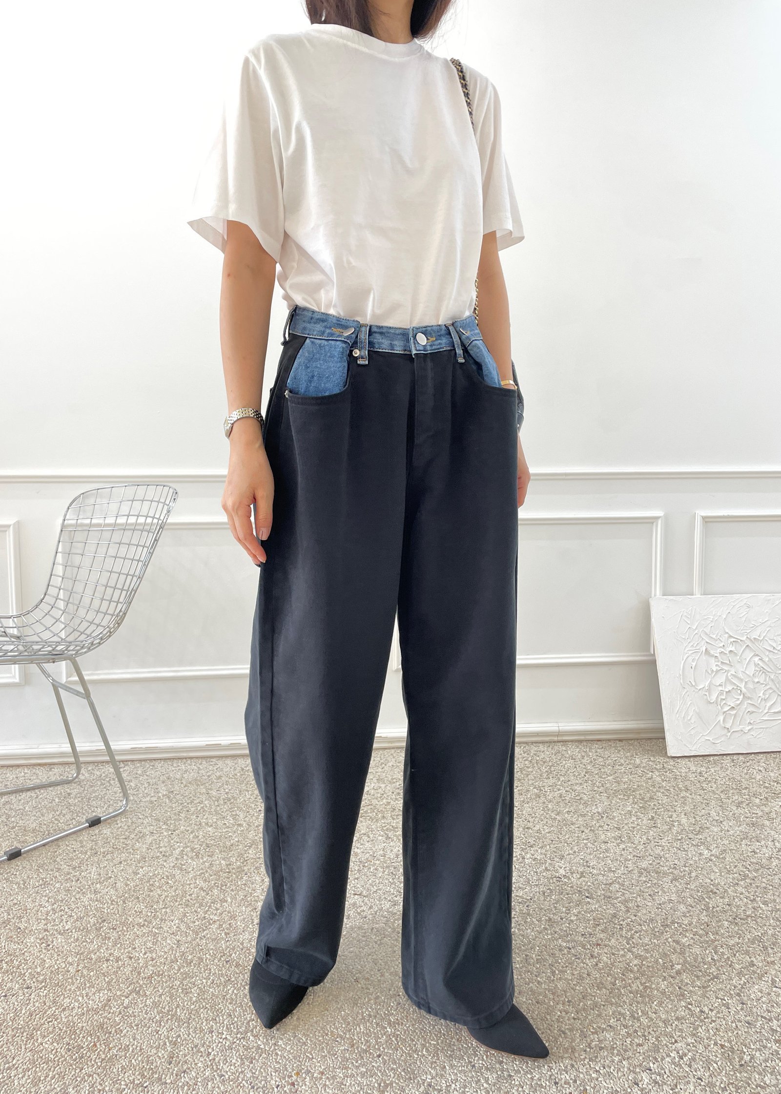 Contrast Denim Pants - Black/Blue - Image 3