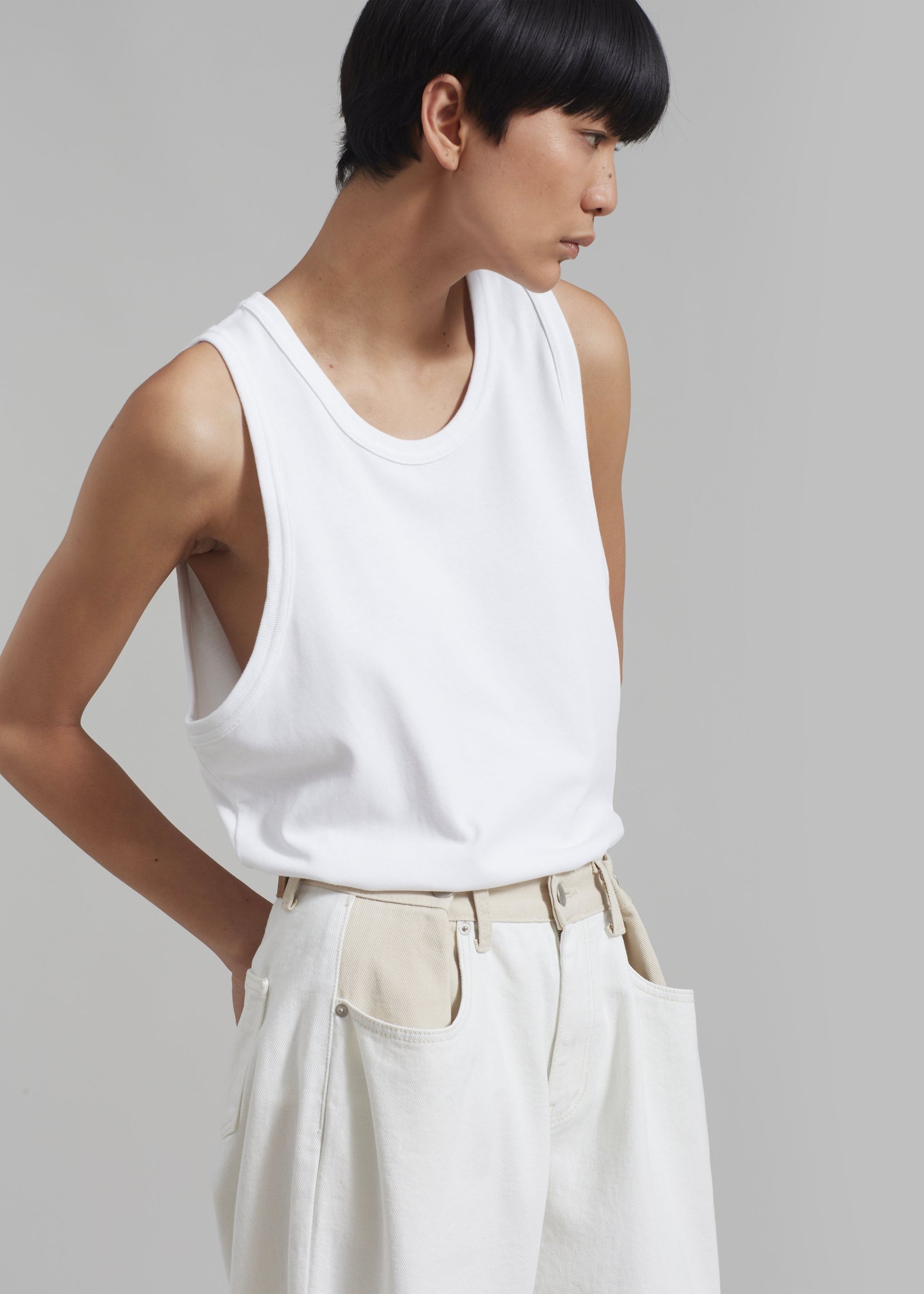 Contrast Denim Pants - Off White/Beige - Image 8