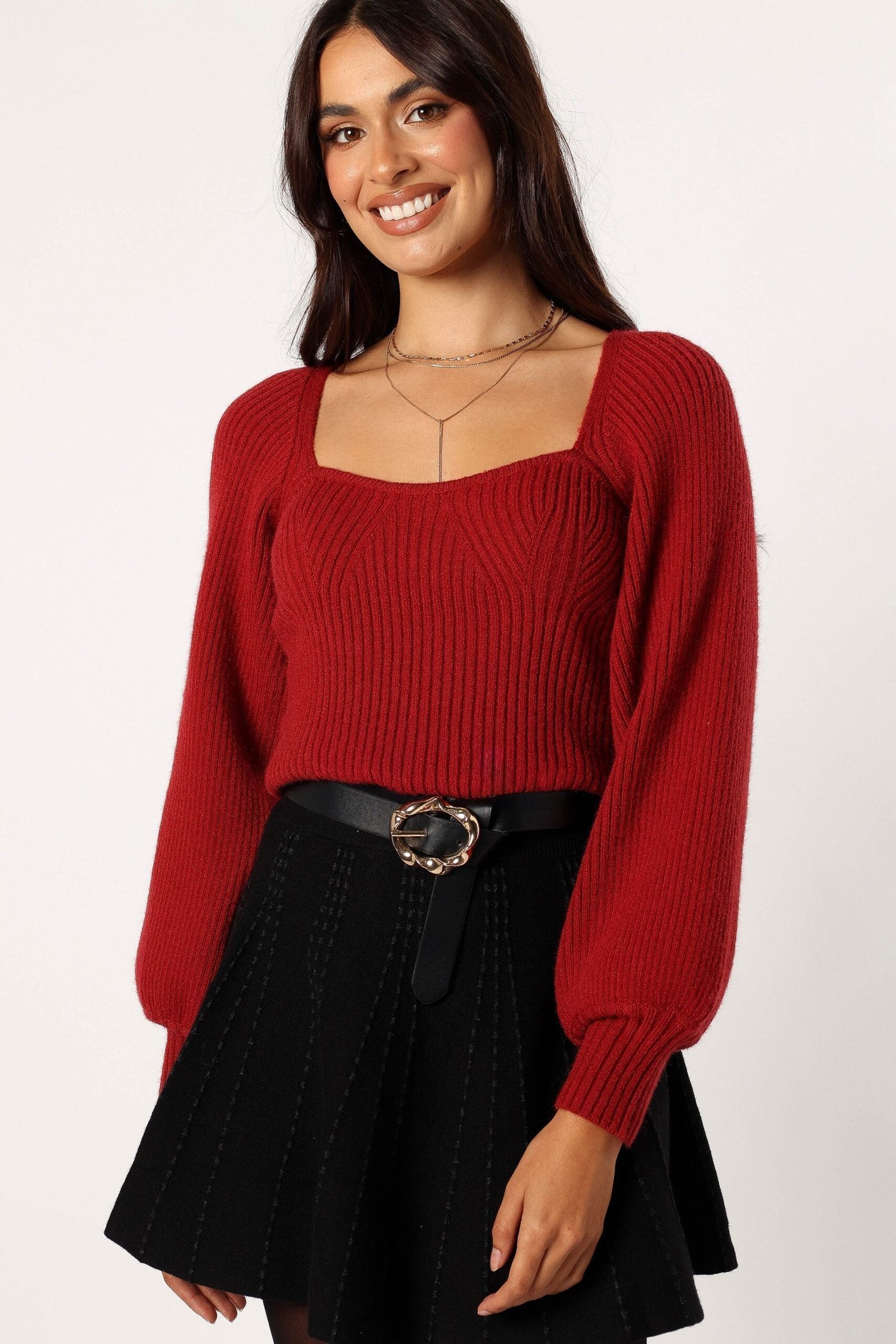 Sweetheart Neck Bell Sleeve Knit Sweater - Wine