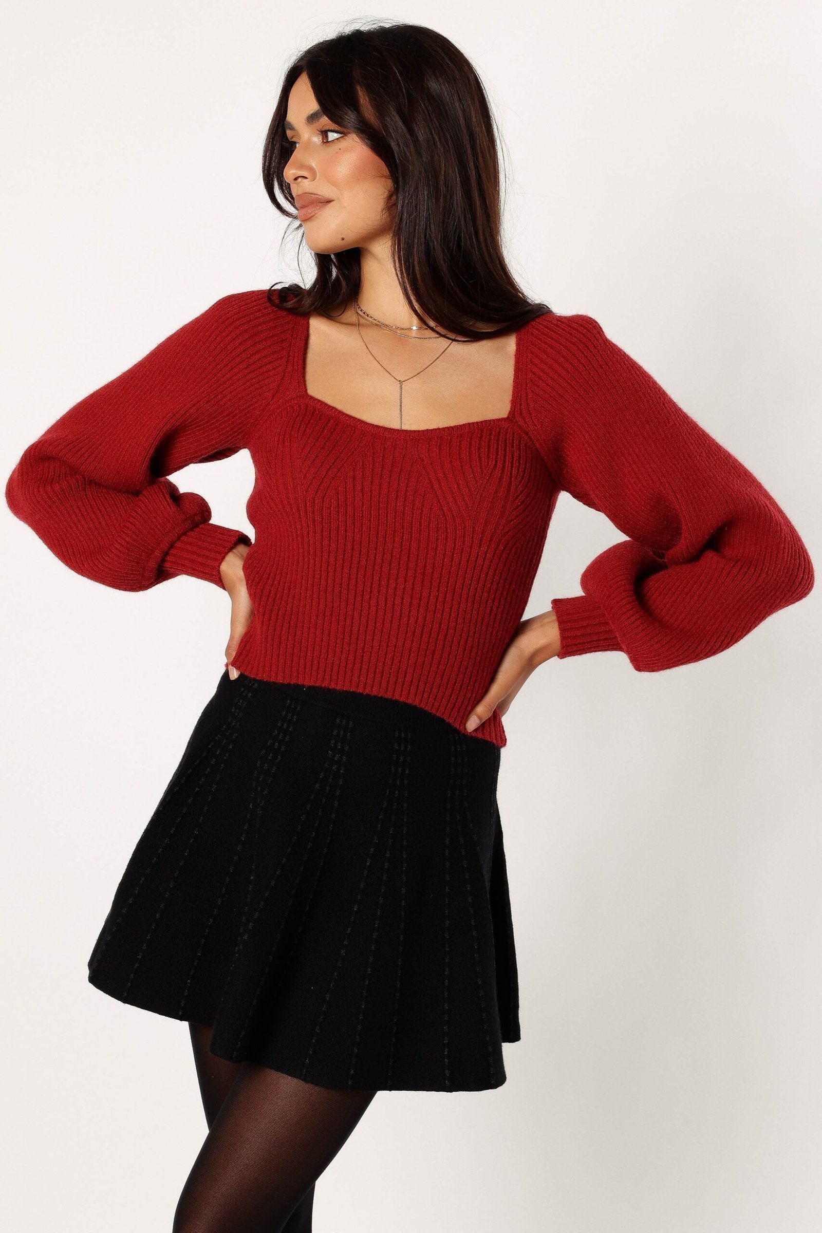 Sweetheart Neck Bell Sleeve Knit Sweater - Wine - Image 2