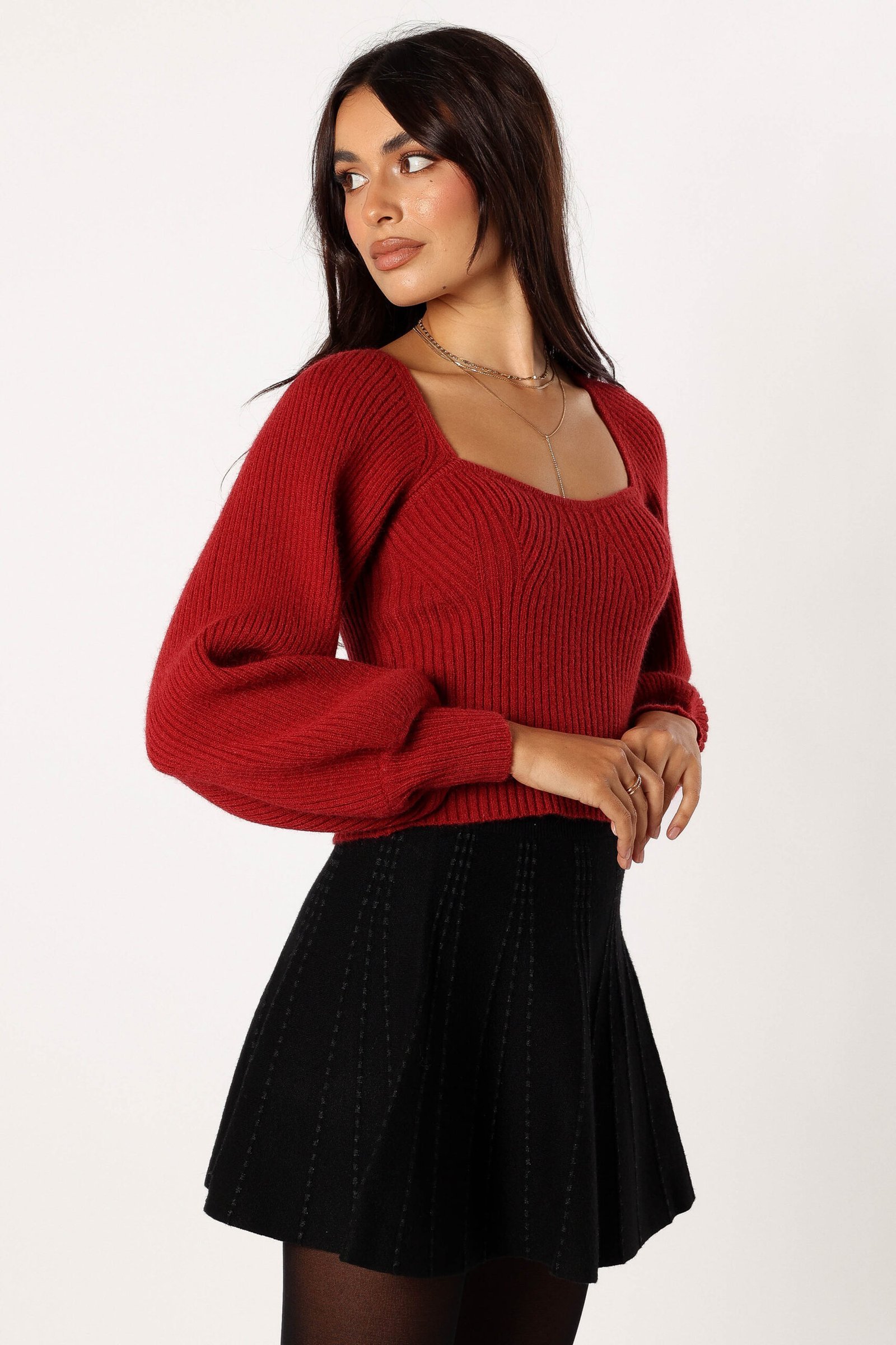 Sweetheart Neck Bell Sleeve Knit Sweater - Wine - Image 3
