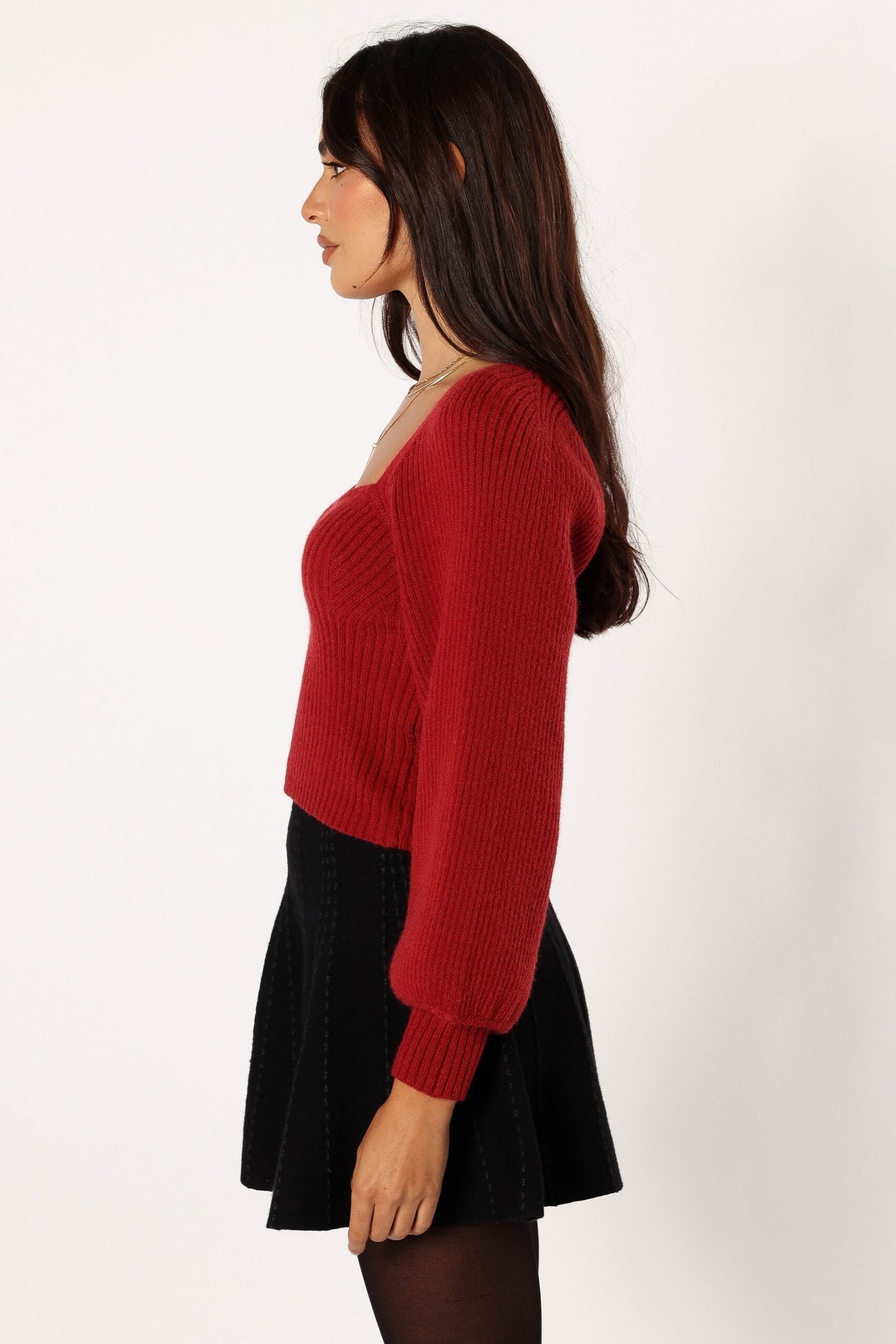 Sweetheart Neck Bell Sleeve Knit Sweater - Wine - Image 5
