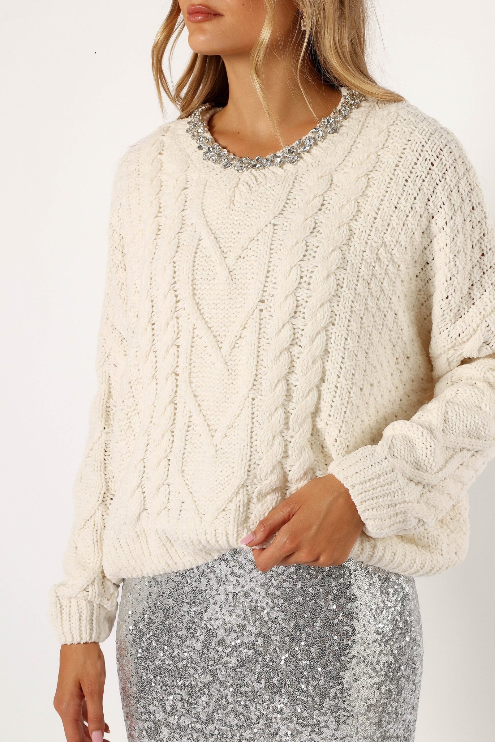 Jewel Embellished Crewneck Knit Sweater - Cream - Image 6